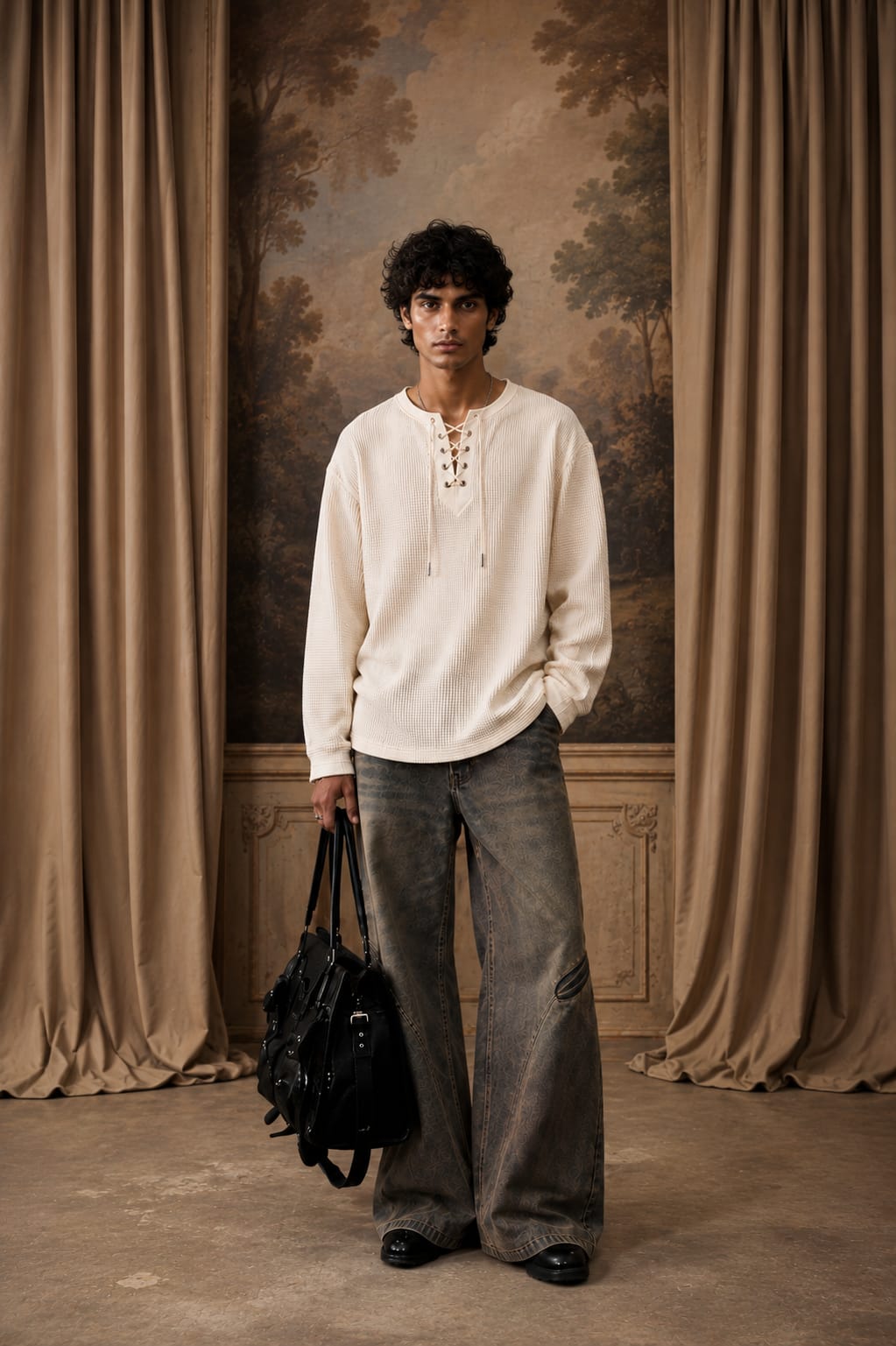 Lace-Up Waffle Henley - Oversized Fit
