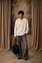Lace-Up Waffle Henley - Oversized Fit